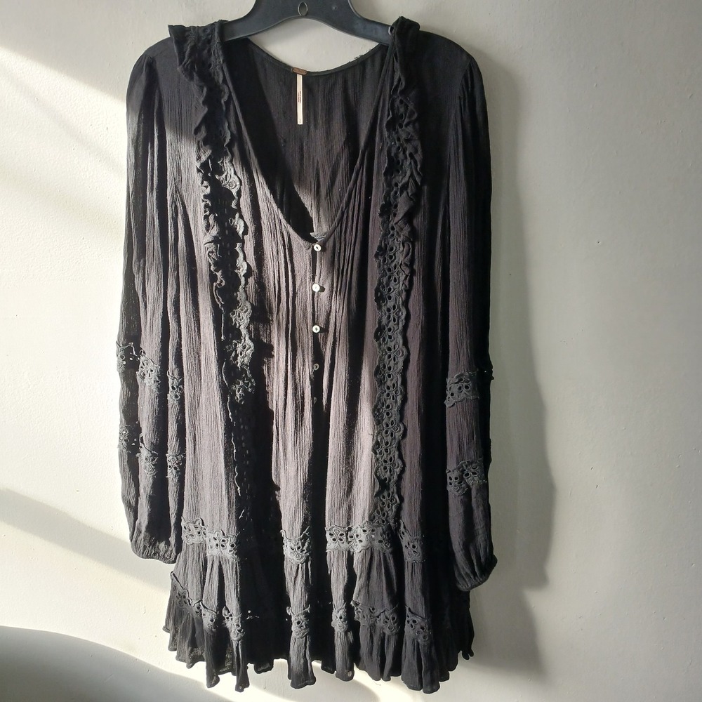 Free People Size Small‎ Snow Angel Mini Dress Black Long Sleeve Bohemian Slip
